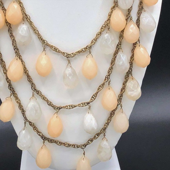 Lydell NYC 3 Strand Necklace Pastel Peach Milky Clear Faceted Briolette Beads - Picture 6 of 11